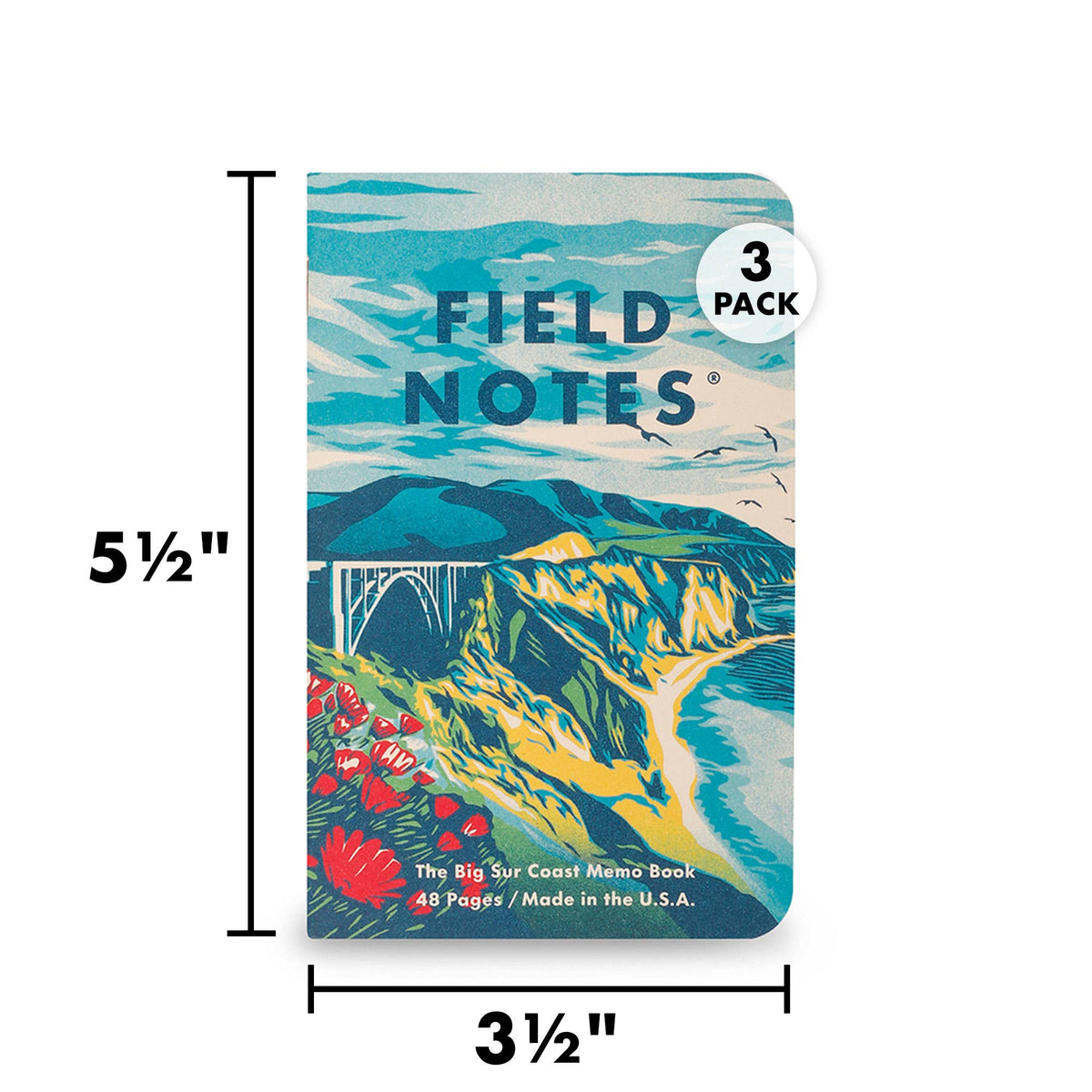 Field Notes Explore America pocket notebook showing 3½ by 5½-inch dimensions
