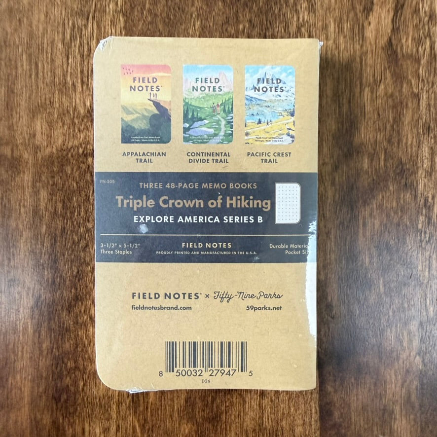 Back packaging of the Field Notes Triple Crown of Hiking three-pack, showing Appalachian Trail, Continental Divide Trail, and Pacific Crest Trail designs