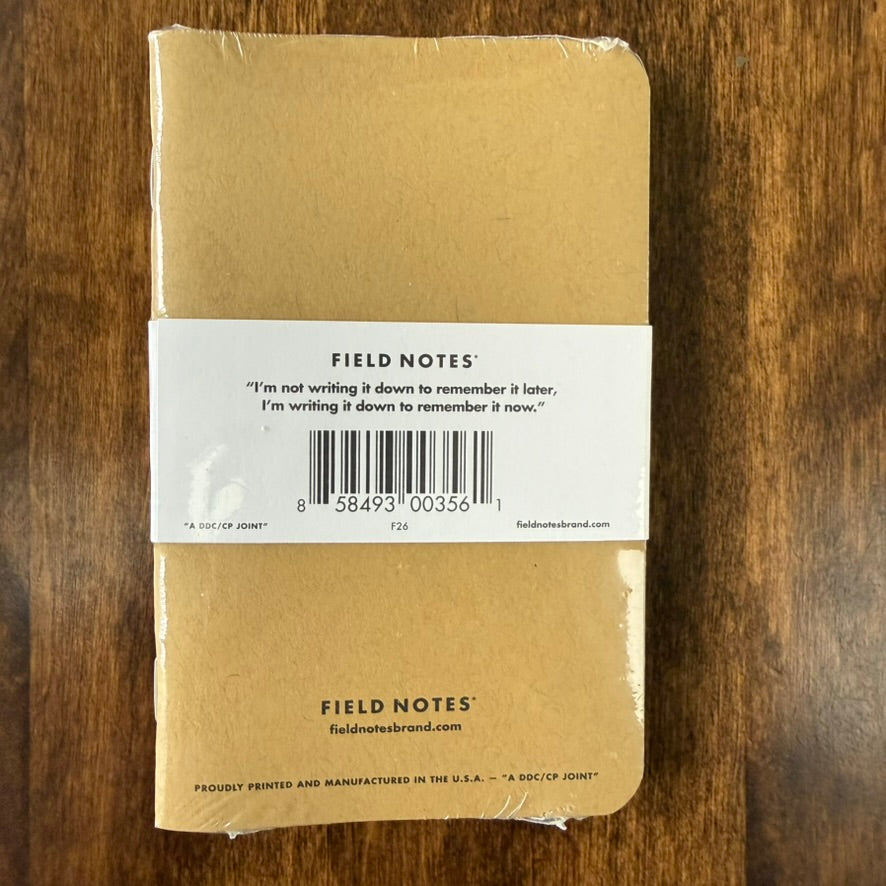Back of the Field Notes Left-Handed ruled pocket notebooks three-pack, with kraft cover, paper sleeve, and made-in-USA marking