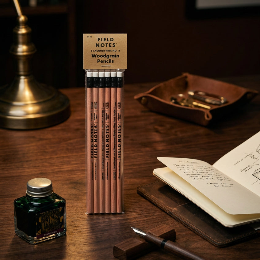 Field Notes No. 2 Woodgrain Pencils six-pack in retail packaging