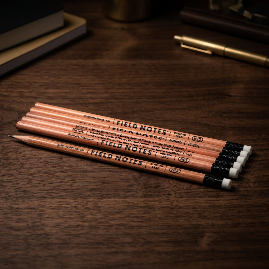 Six Field Notes woodgrain graphite pencils with white erasers
