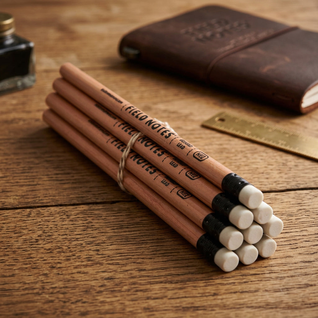 Close-up of the white erasers and ferrules on Field Notes woodgrain pencils