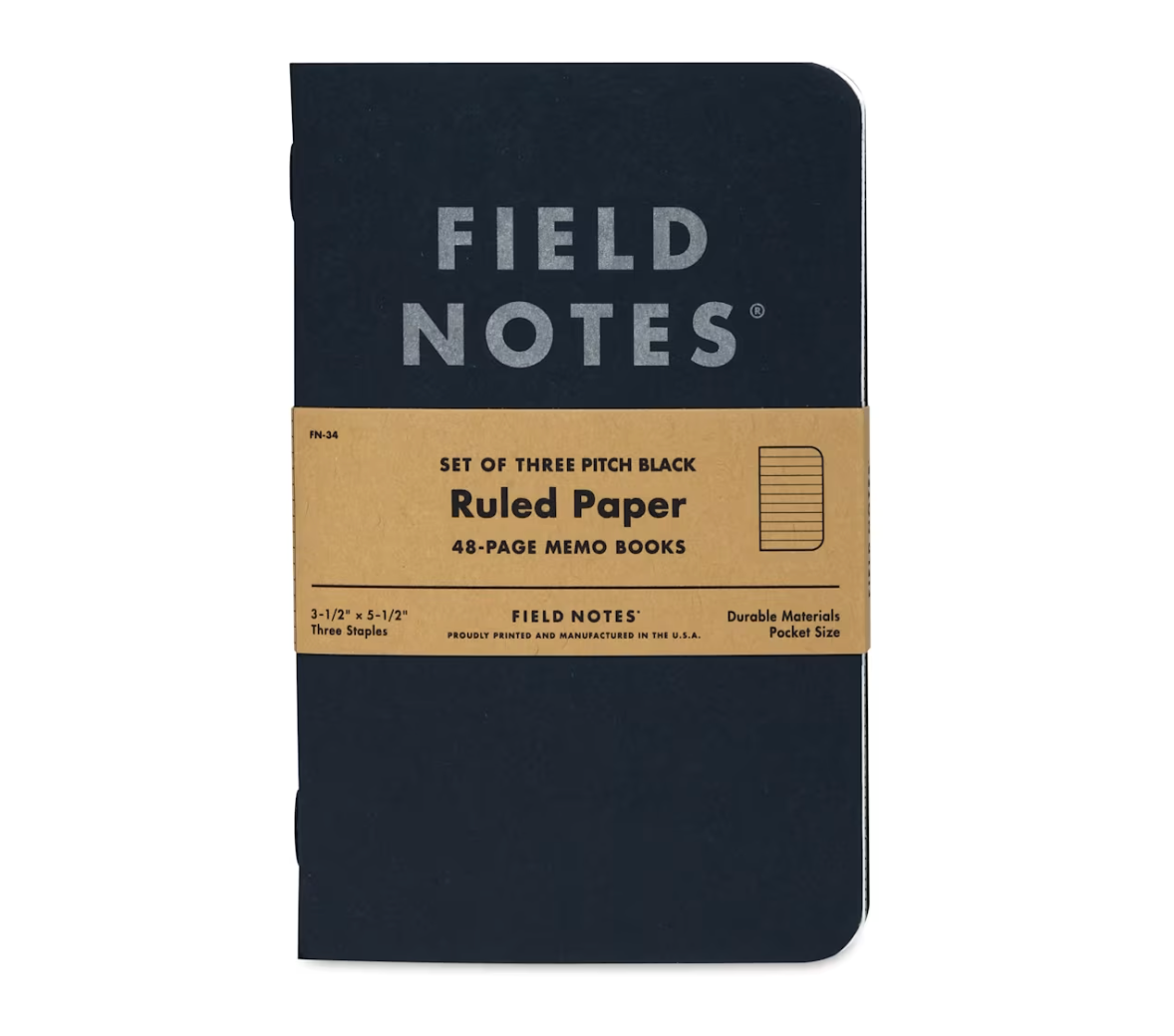 Field Notes Pitch Black pocket notebook with a kraft band reading Ruled Paper, from the 3-pack