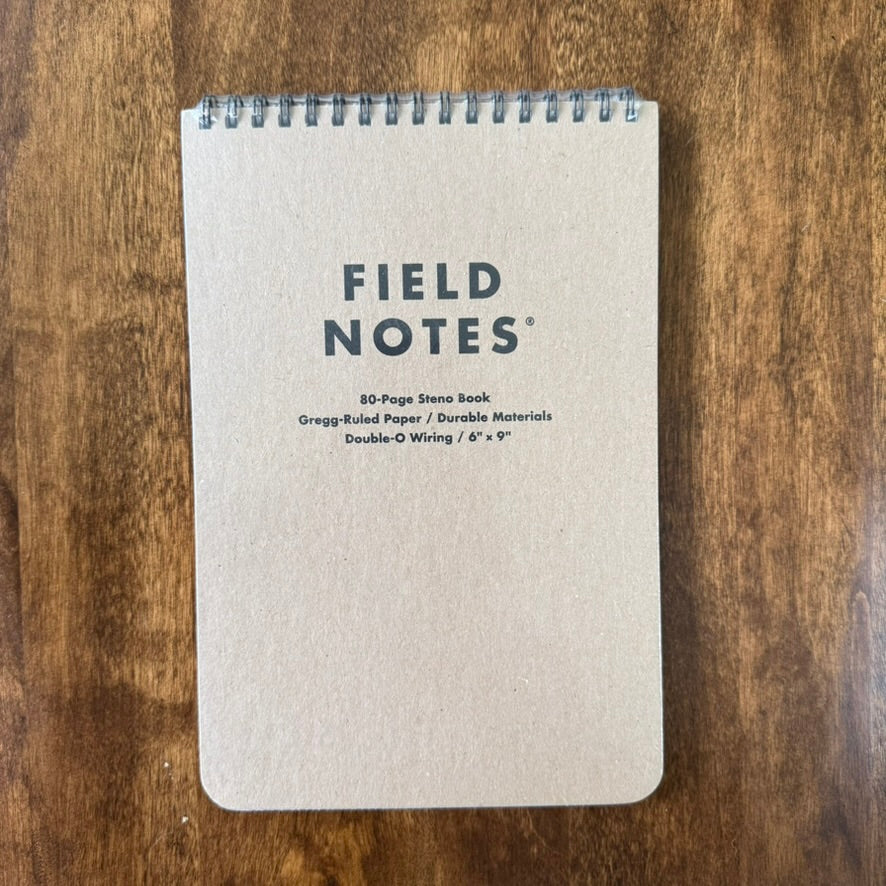 Field Notes Steno Book front cover with top Double-O wire binding, 80 Gregg-ruled pages, and 6 × 9 inch format