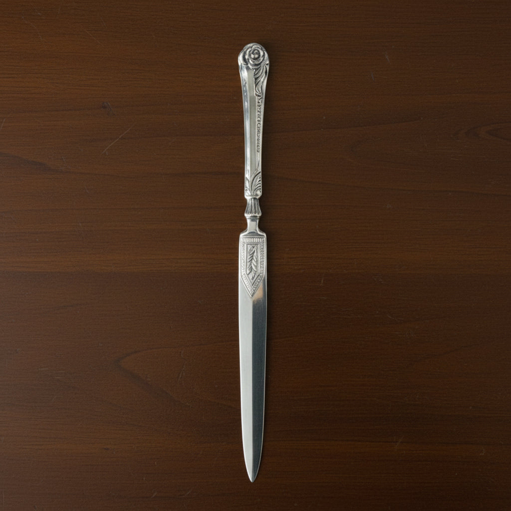 Floral nickel-plated brass letter opener with an ornate engraved handle on a dark wooden surface