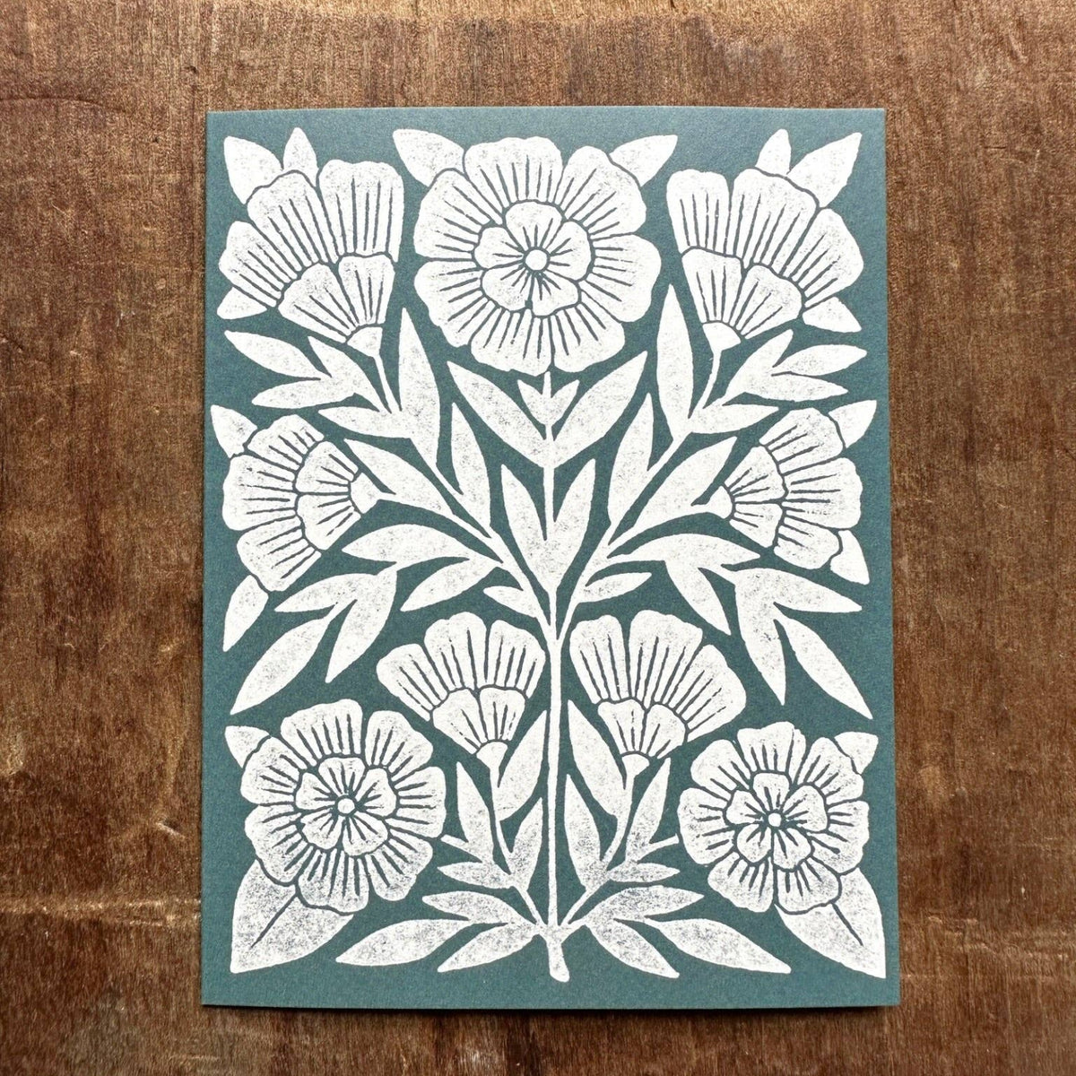 Front of the Katharine Watson slate teal botanical block print card