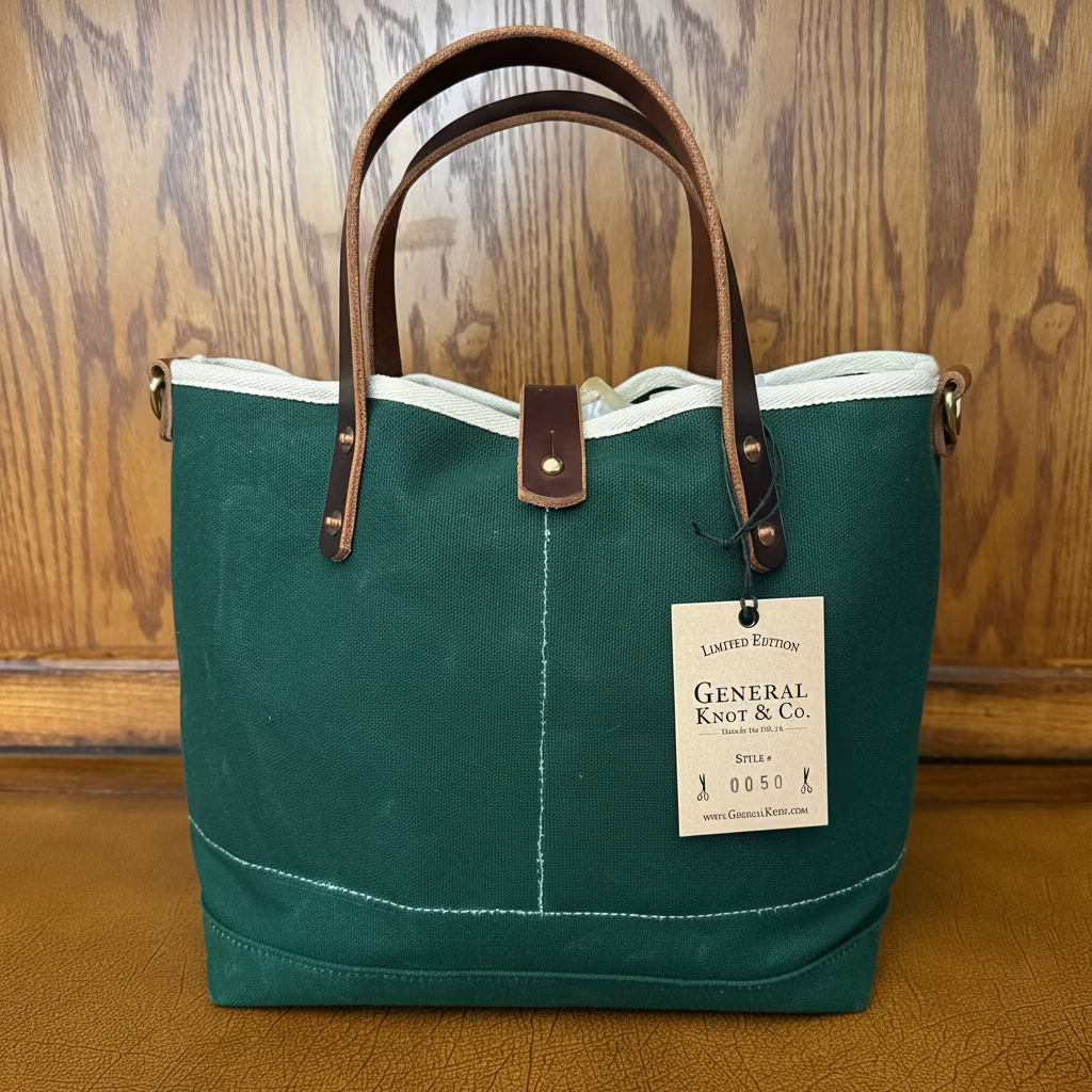 Front view of the General Knot Tennis Green waxed canvas mini tote