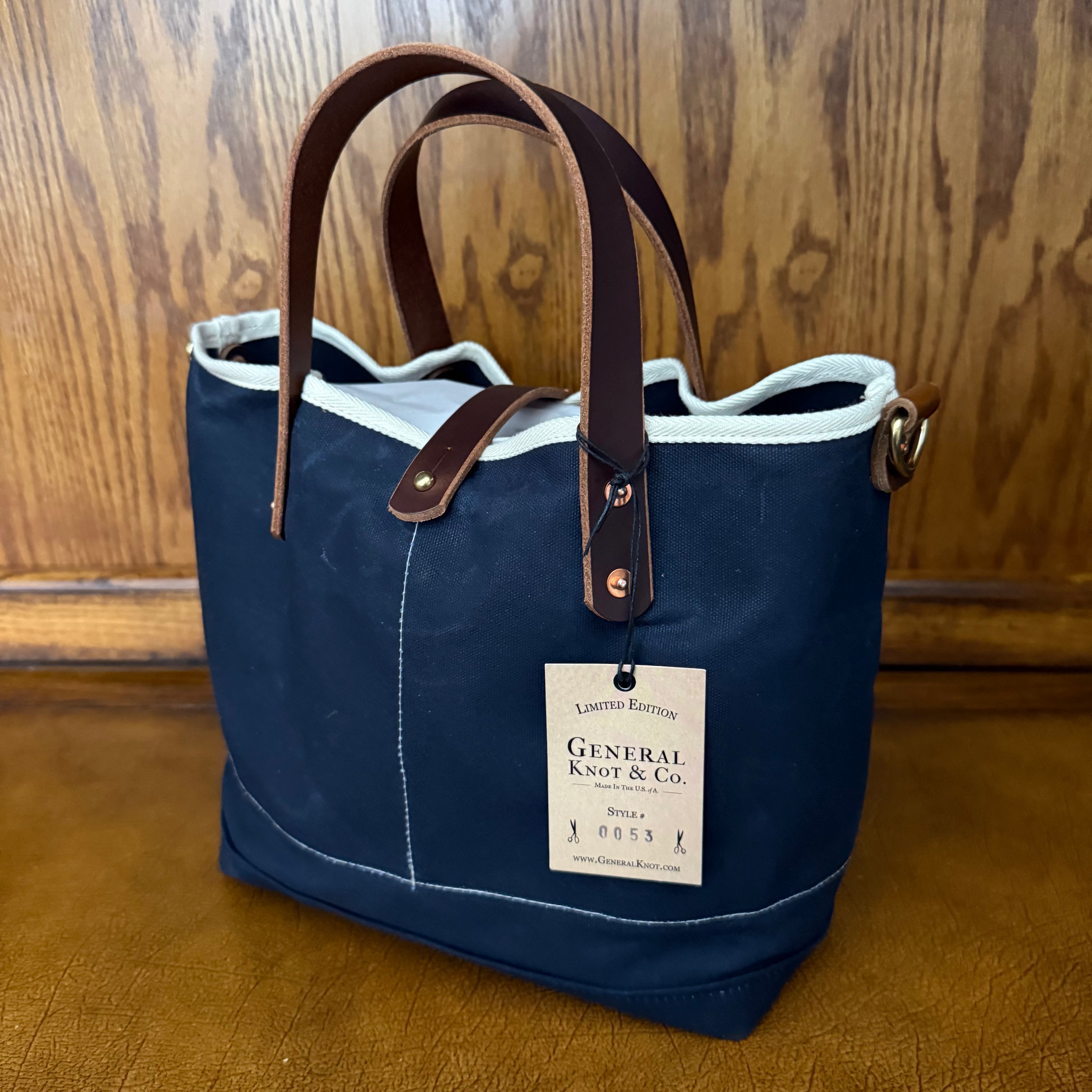 Front view of General Knot & Co. True Navy waxed canvas All Day Mini Tote