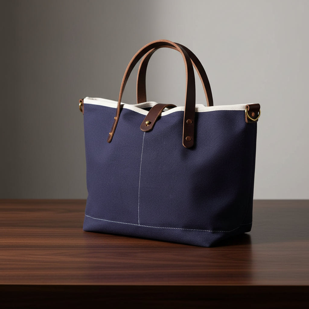 General Knot & Co. True Navy waxed canvas mini tote with mahogany leather handles
