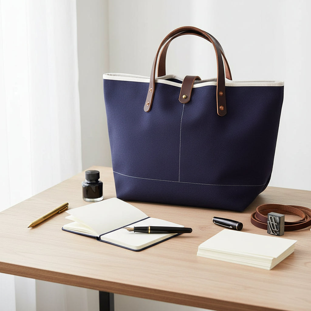 True Navy General Knot All Day Mini Tote beside notebooks and writing supplies