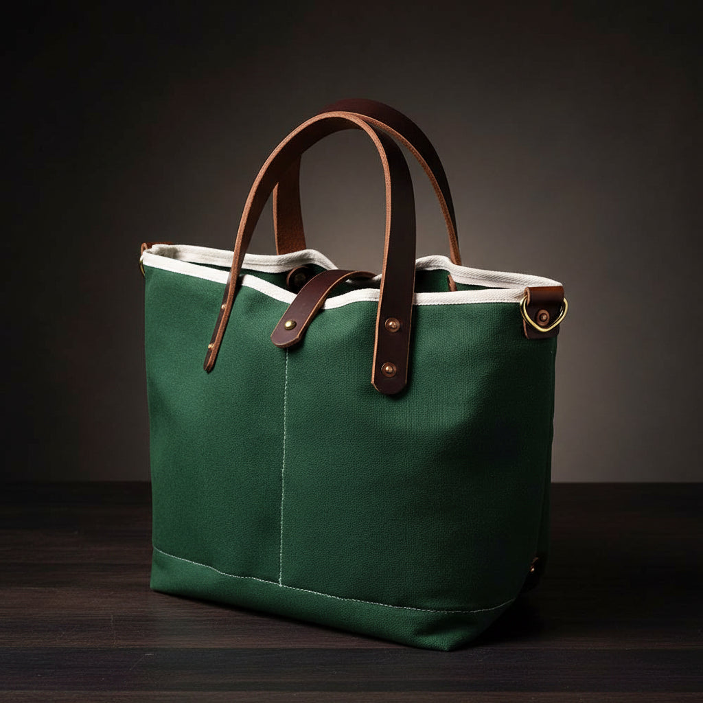 General Knot & Co. Waxed Canvas All Day Mini Tote in Tennis Green with brown leather handles