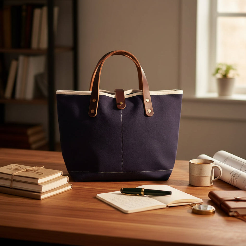 General Knot & Co. True Navy waxed canvas All Day Mini Tote on a writing desk