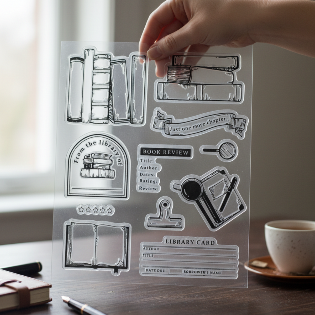 Hand holding the Archer & Olive Everyday Bookish clear stamp sheet near a window