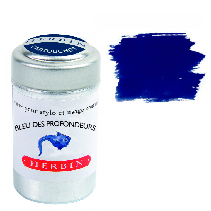J. Herbin Bleu des Profondeurs deep blue fountain pen ink cartridges in metal tin, pack of 6