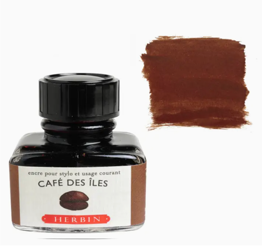 J. Herbin Café des Îles 30 mL fountain pen ink bottle with coffee brown ink swatch