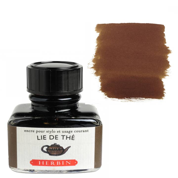 J. Herbin Lie de Thé 30 mL fountain pen ink bottle and warm brown swatch