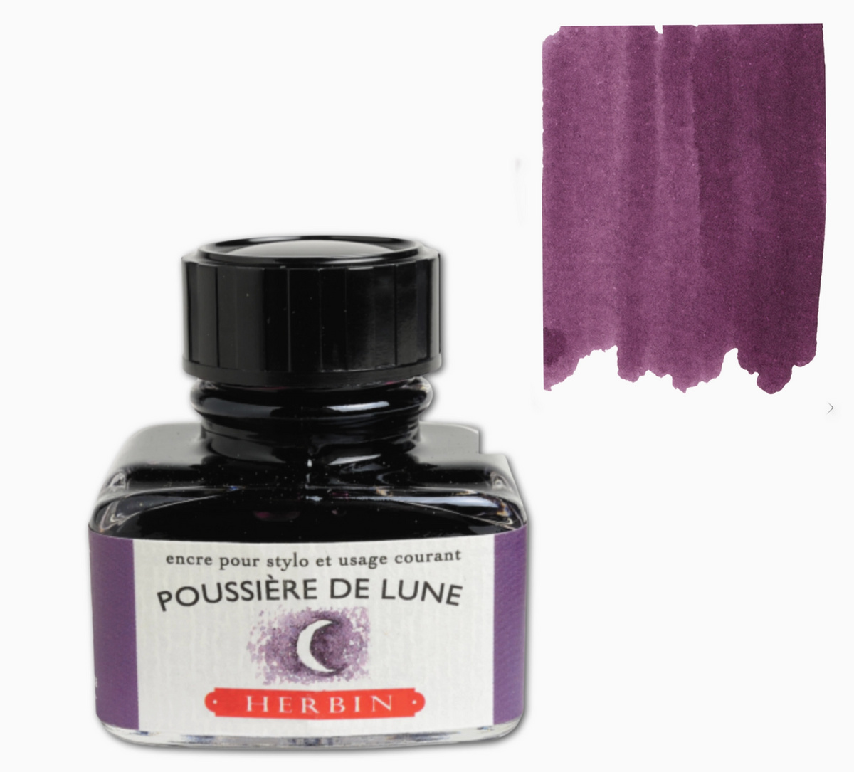 J. Herbin Poussière de Lune 30 mL fountain pen ink bottle with muted purple ink swatch