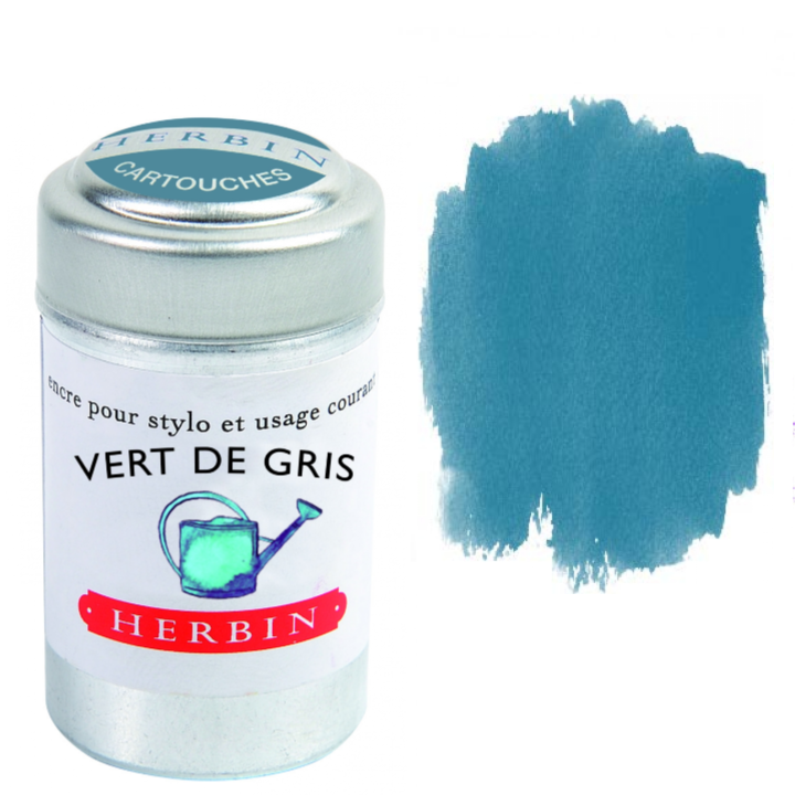 J. Herbin Vert de Gris blue-grey fountain pen ink cartridges in metal tin, pack of 6