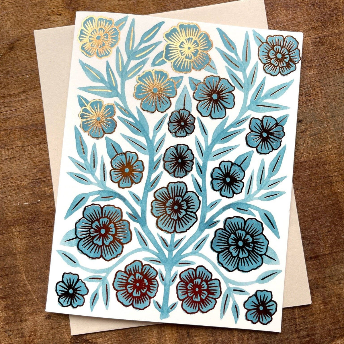 Katharine Watson copper foil floral greeting card with recycled kraft envelope