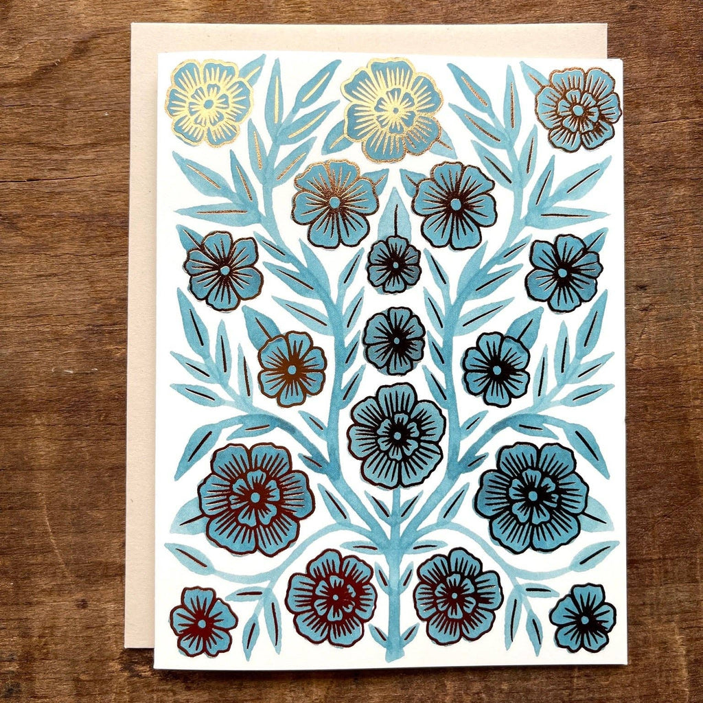 Front view of Katharine Watson floral greeting card with copper foil