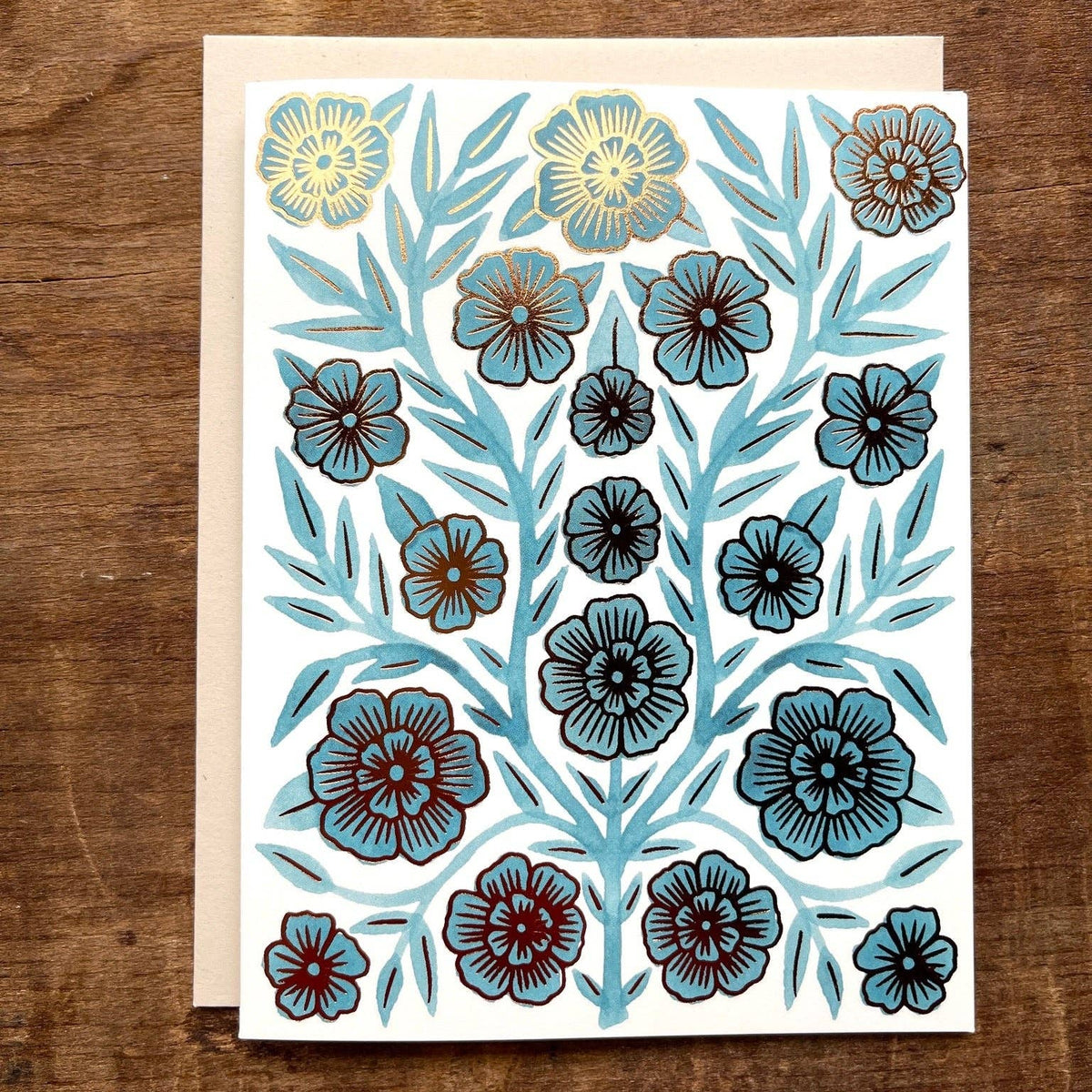 Front view of Katharine Watson floral greeting card with copper foil