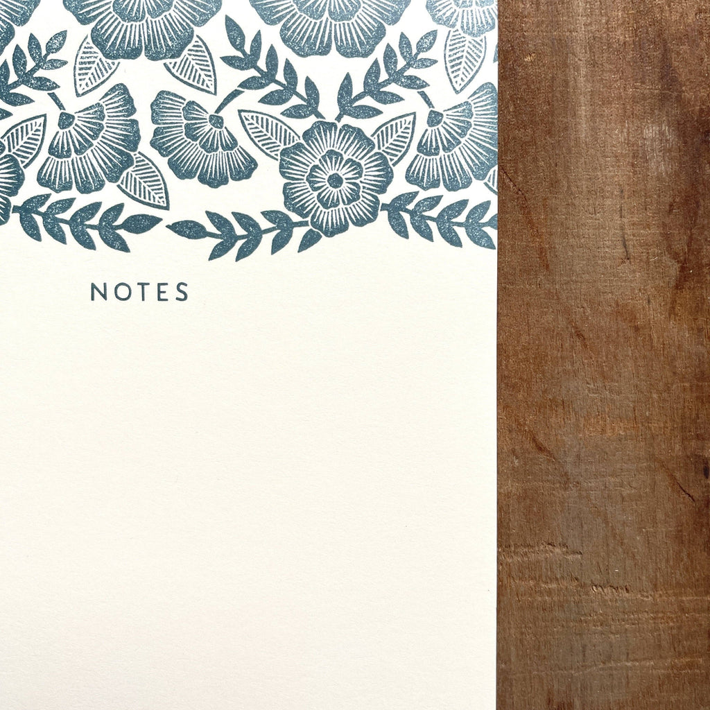 Close-up of floral block print header on Katharine Watson notepad