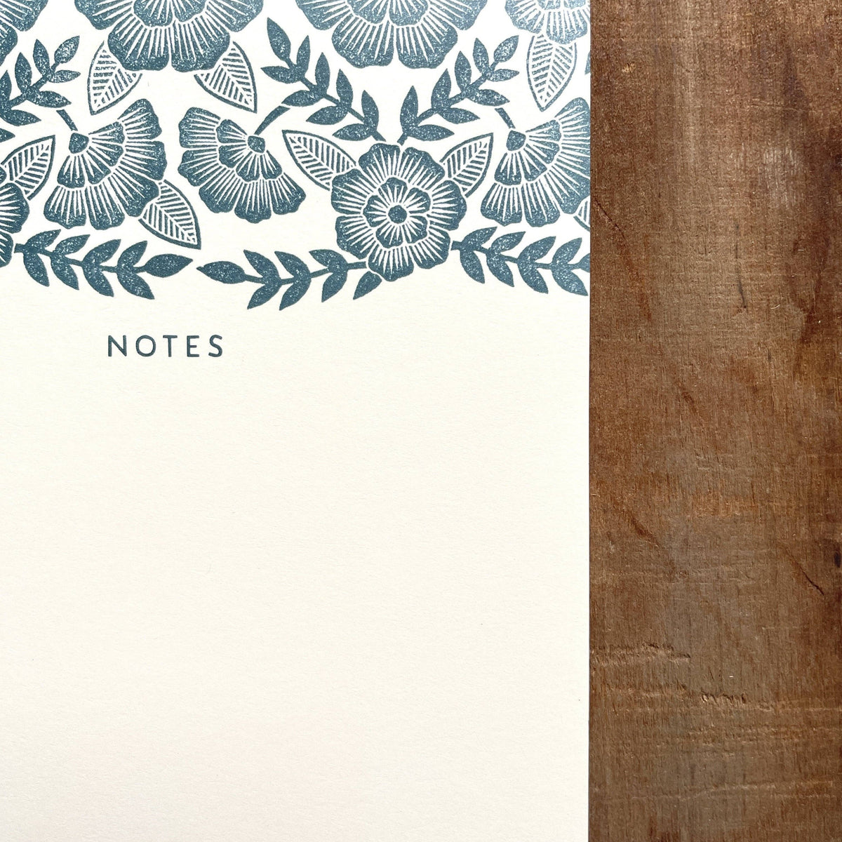 Close-up of floral block print header on Katharine Watson notepad