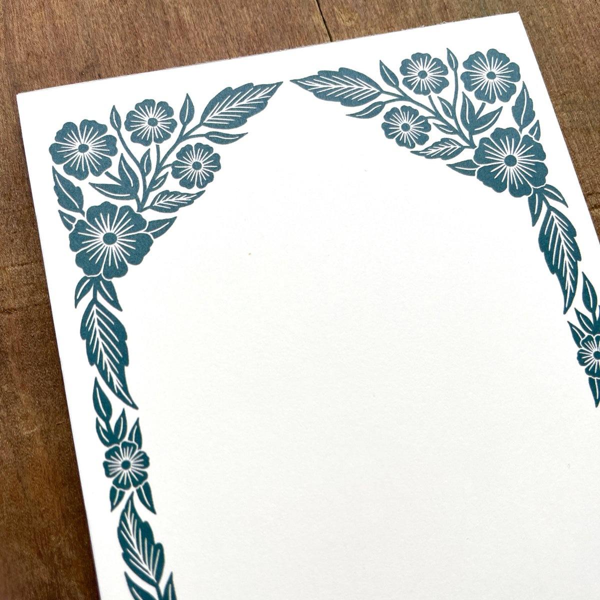 Close-up of teal botanical border on Katharine Watson market pad