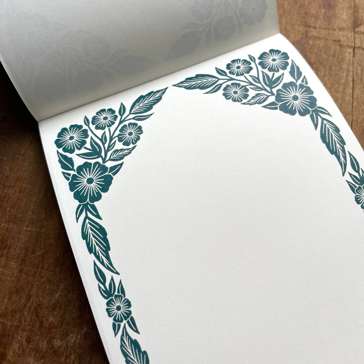Katharine Watson Teal Border Market Pad showing cream writing sheets