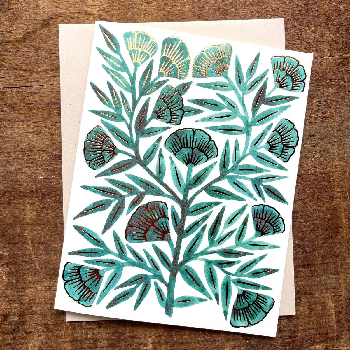 Front view of Katharine Watson teal botanical greeting card with real copper foil