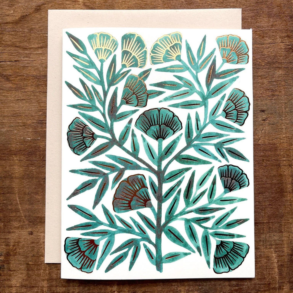 Katharine Watson teal botanical blank greeting card with copper foil