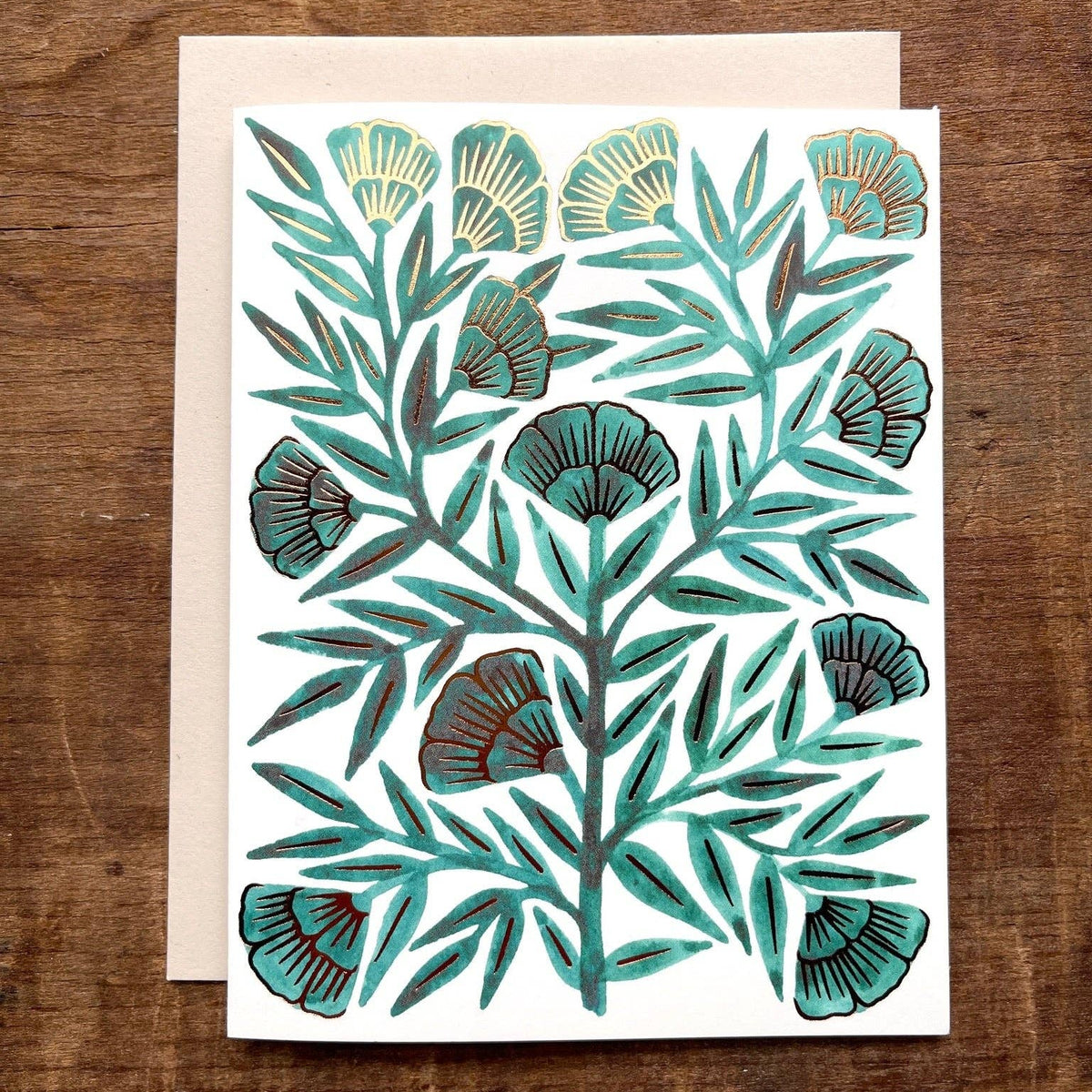 Katharine Watson teal botanical blank greeting card with copper foil