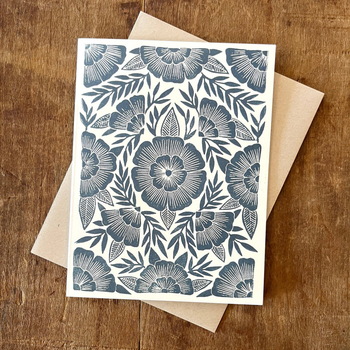 Katharine Watson Teal Floral blank greeting card with recycled kraft envelope