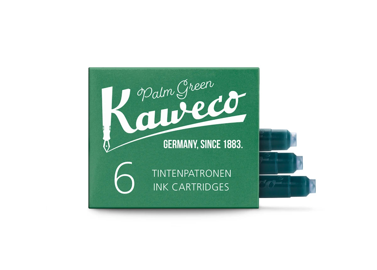 Open box of six Kaweco Palm Green fountain pen ink cartridges