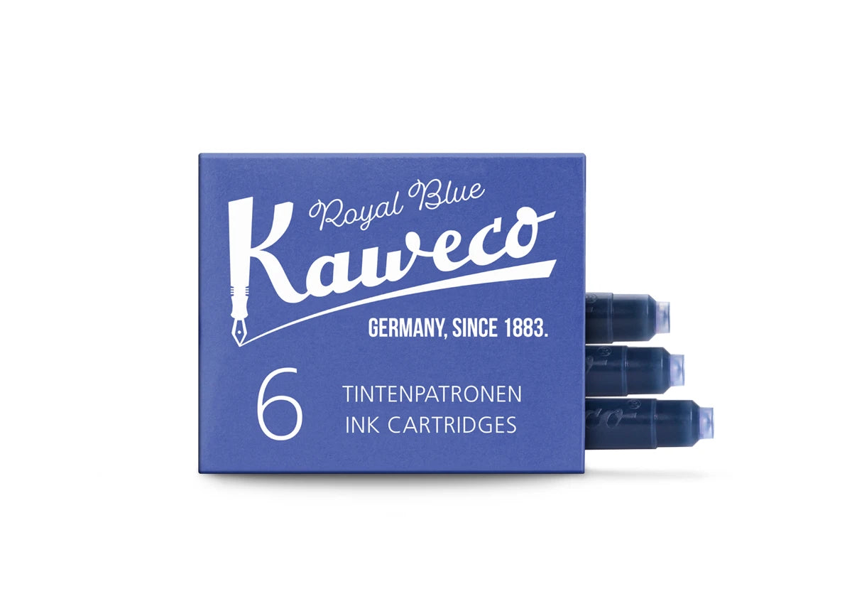 Open box of six Kaweco Royal Blue fountain pen ink cartridges