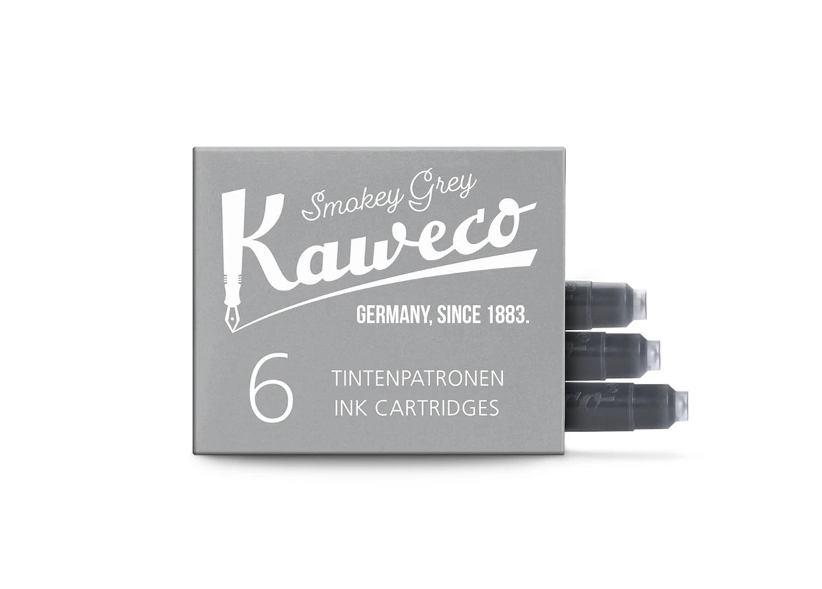 Open box of six Kaweco Smoky Grey fountain pen ink cartridges