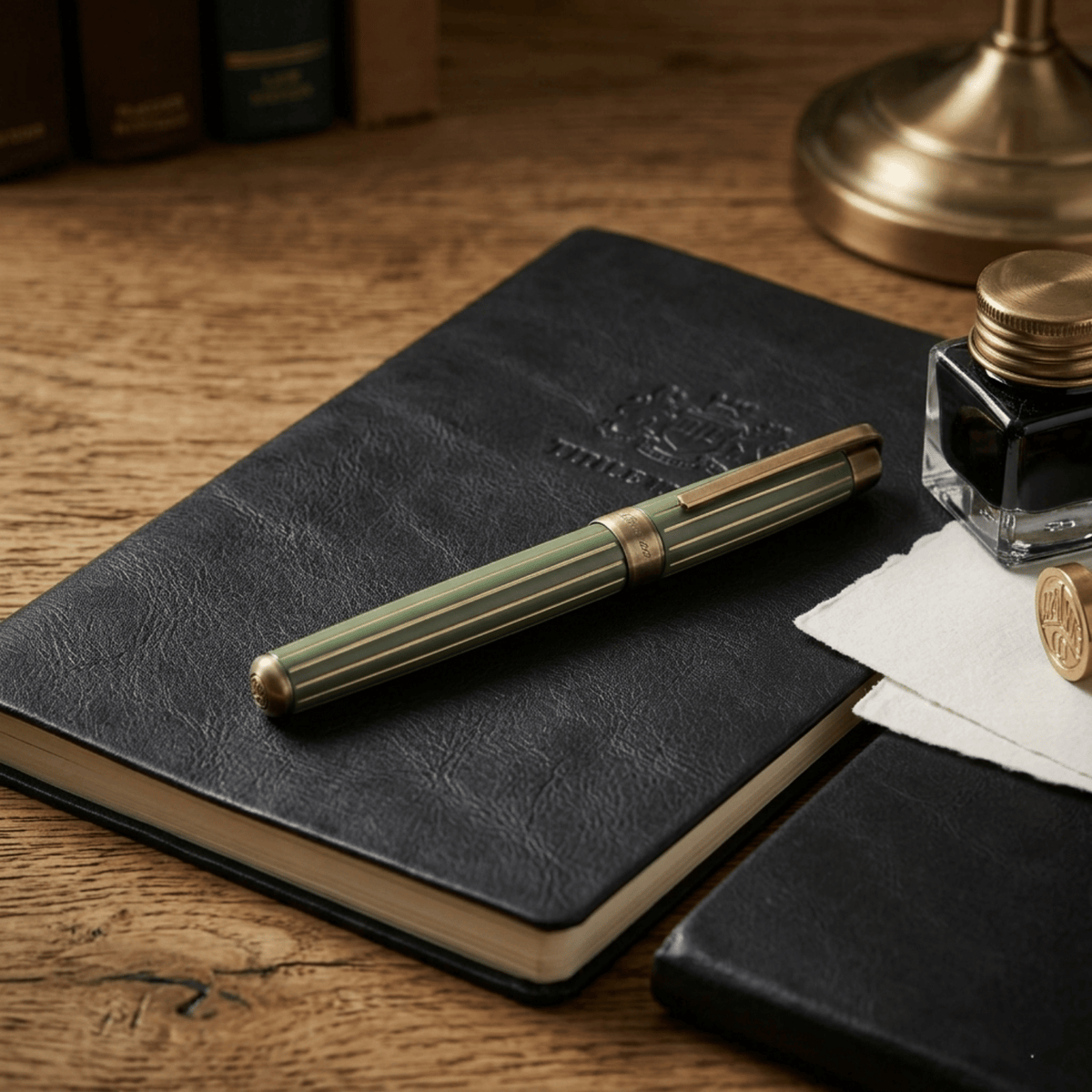Laban Antique II green fountain pen on a black leather journal beside an ink bottle and wax-sealed letter
