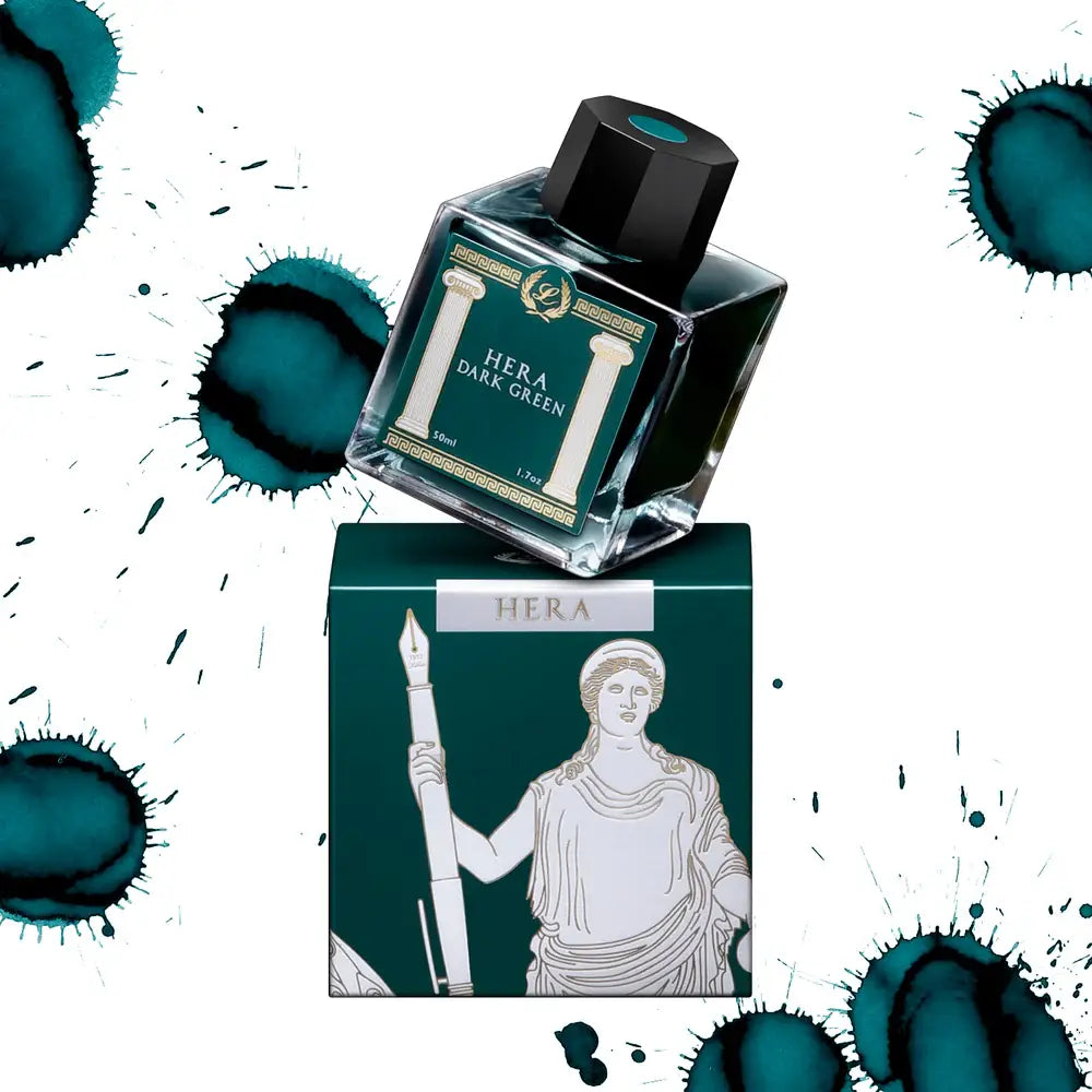 Laban Greek Mythology Hera Dark Green fountain pen ink bottle and swatch
