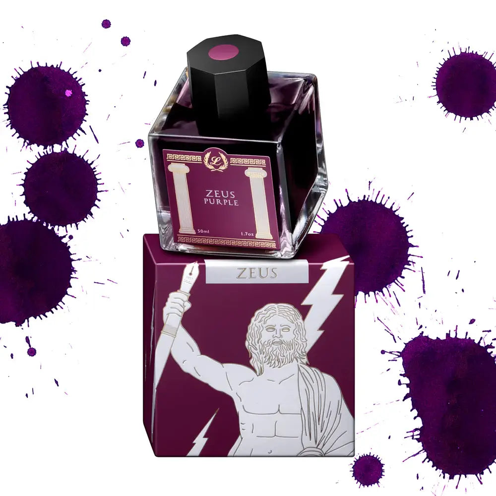 Laban Greek Mythology Zeus Purple fountain pen ink bottle and swatch