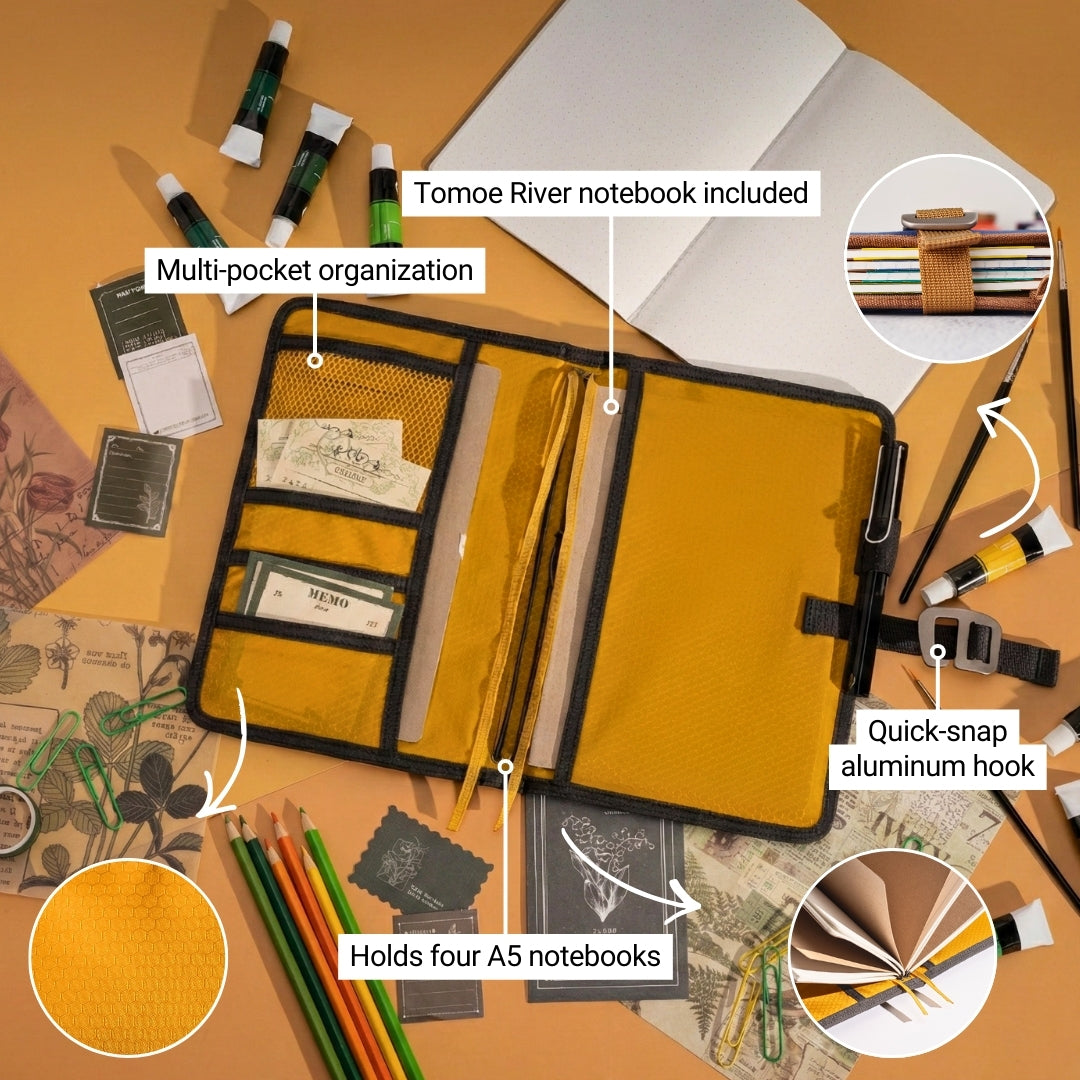 Open brown Lochby Field Journal showing interior storage, elastic notebook holders, pen loop, and clasp