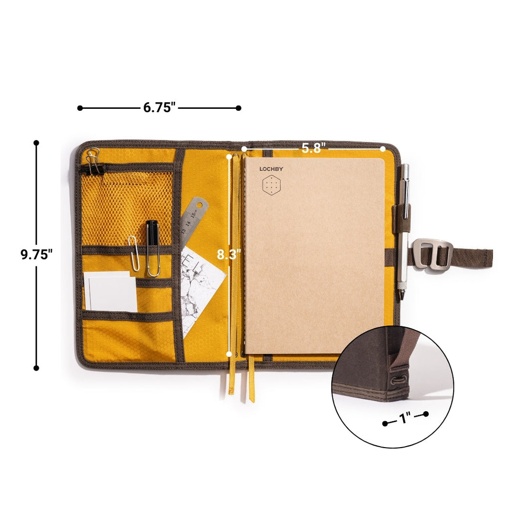 Brown Lochby Field Journal open with an A5 notebook, interior pockets, and dimensions