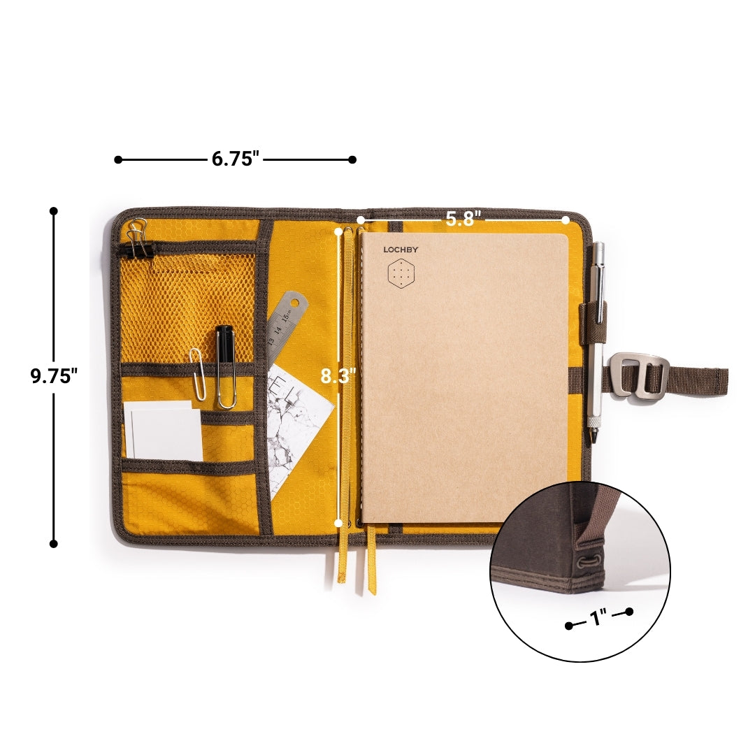 Brown Lochby Field Journal open with an A5 notebook, interior pockets, and dimensions