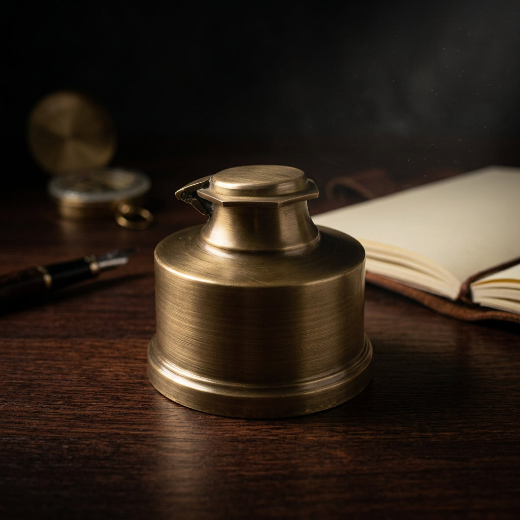 Antiqued brass historical inkwell with its seven-sided hinged lid closed