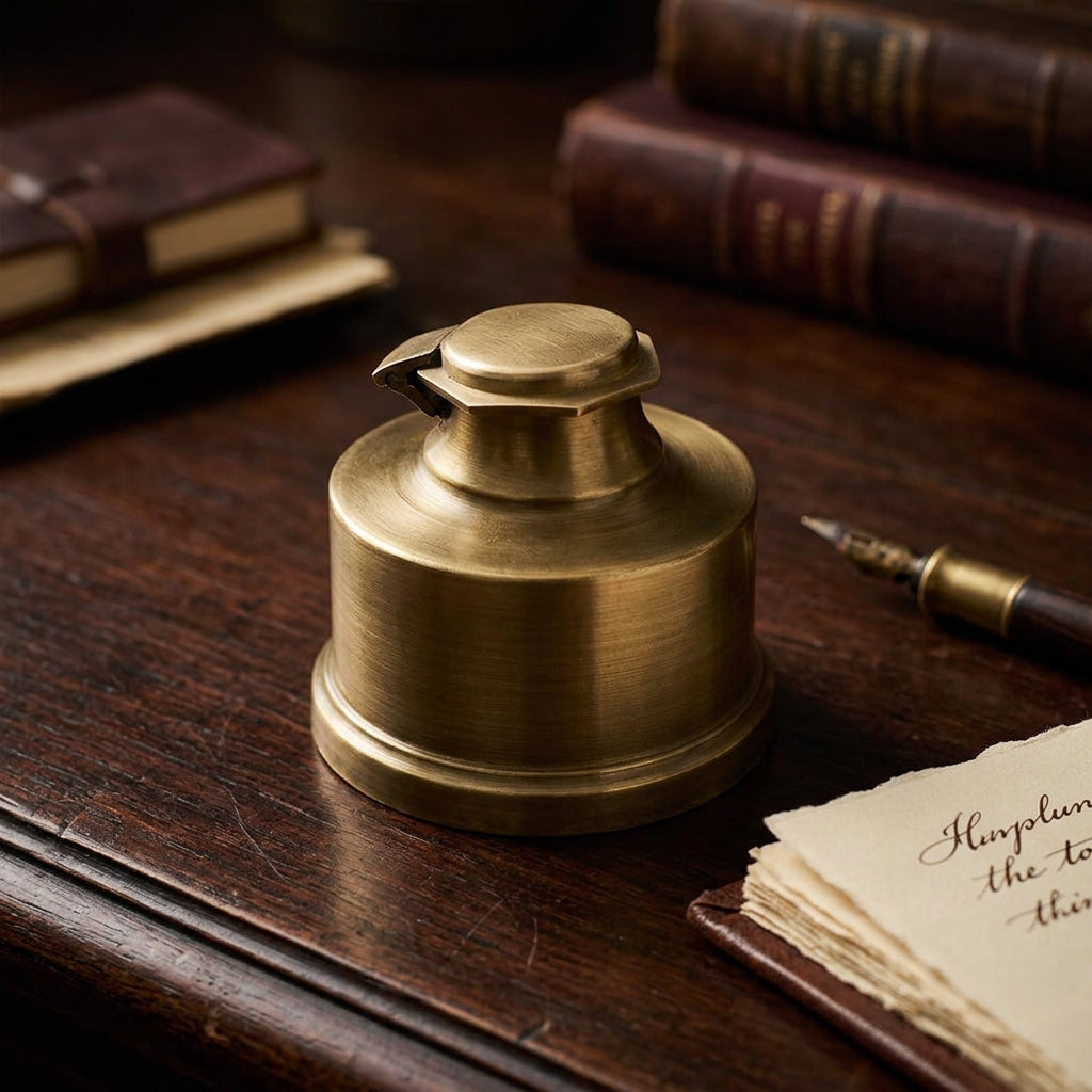 Front angled view of the round antiqued brass historical inkwell with closed lid