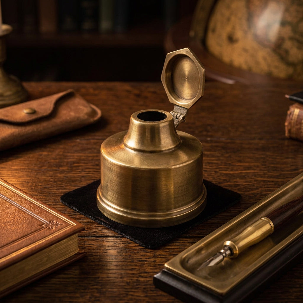 Antiqued brass historical inkwell with its hinged lid open, showing the opening