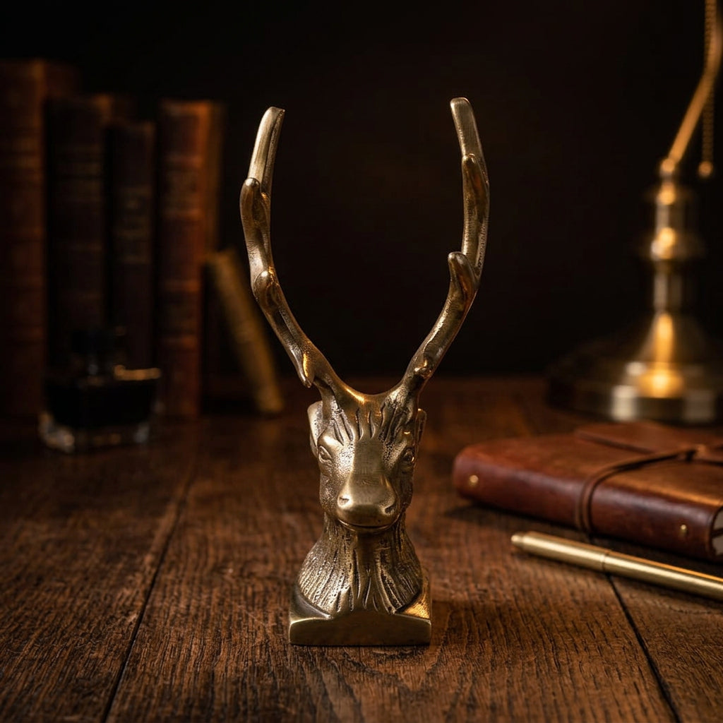Front view of the antiqued brass stag pen holder showing its face and antler supports