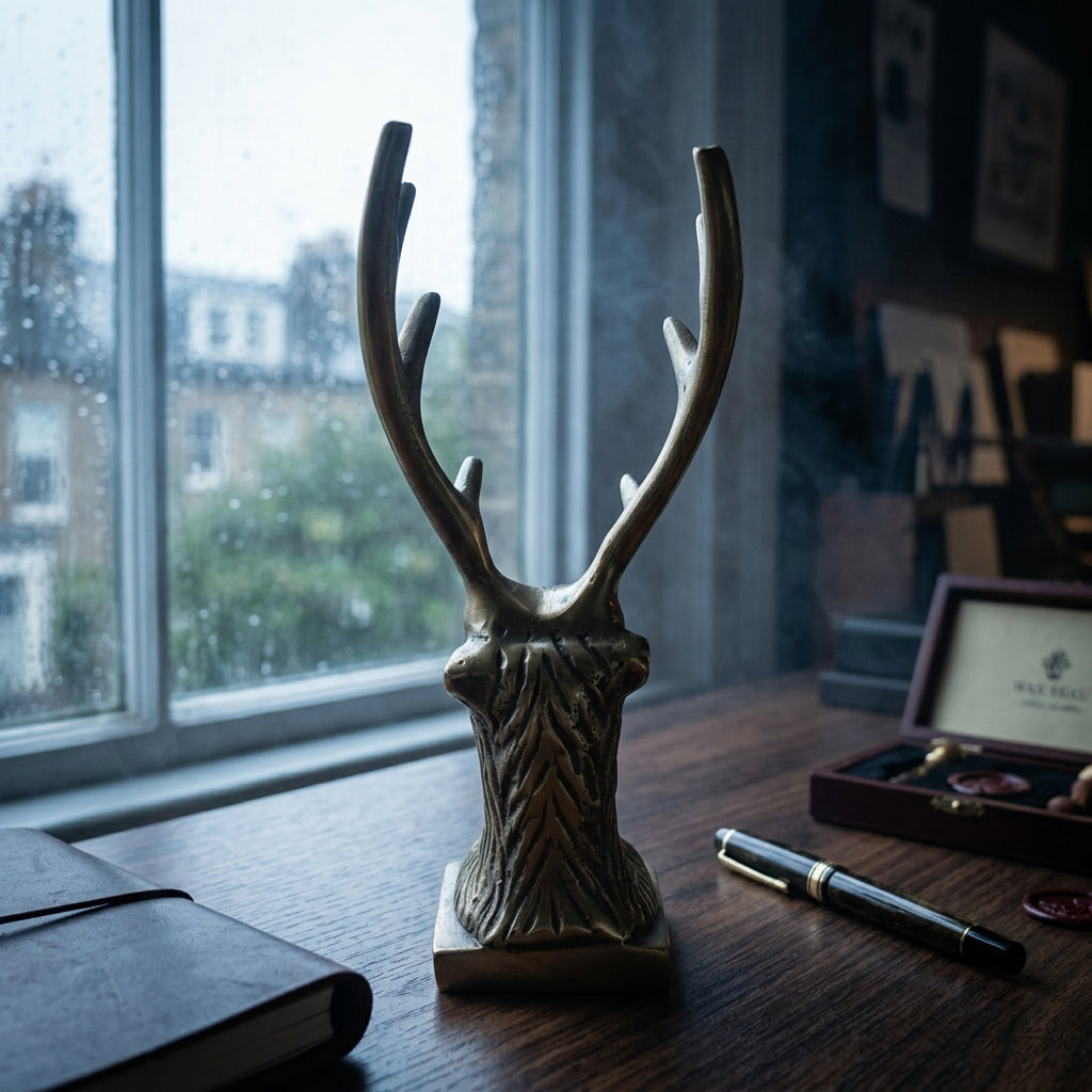 Rear view of the brass stag pen holder showing etched neck detailing