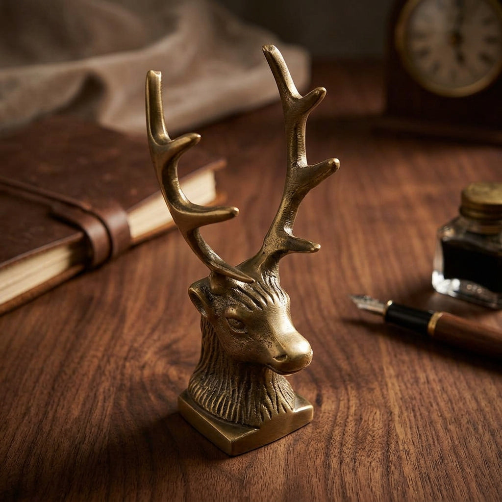 Antiqued brass stag pen holder shown at an angle, with branching antlers and a small square base