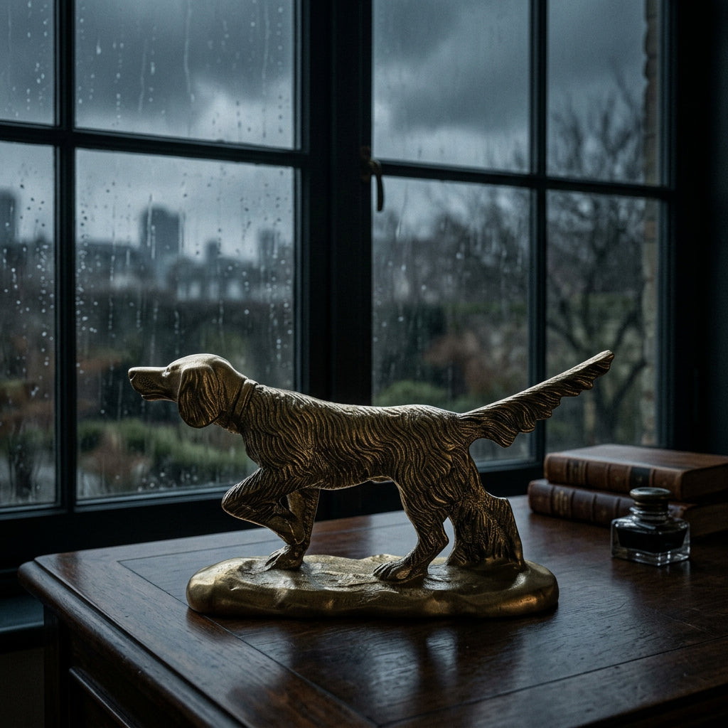 Left-facing profile of the brass pointer dog paperweight showing etched coat details