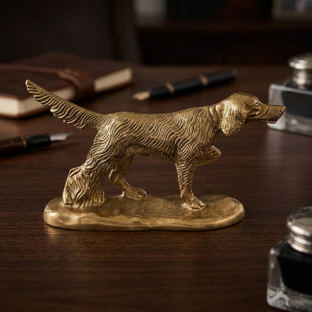 Antiqued solid brass pointer dog paperweight in right-facing profile on its oval base